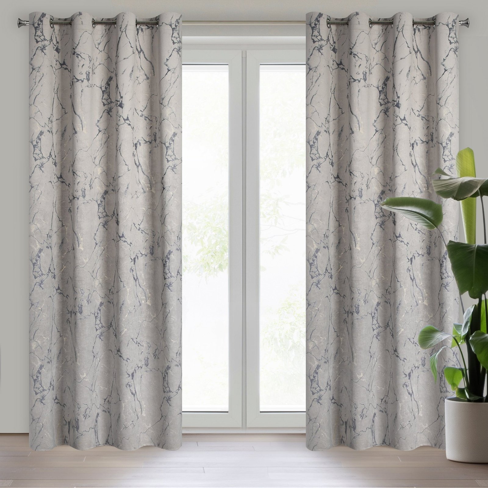 WERA-Vorhang aus weichem Samtstoff, verziert mit einem marmorähnlichen Druck,(2er Set),140 x 250 cm, Ösen/Räder - Image 2