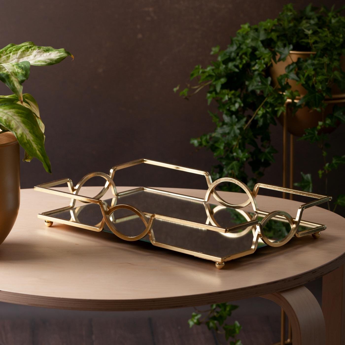 Dekoratives LETA-Tablett mit Spiegelplatte und Metallrand im Art-Deco-Stil, Gold - Image 2