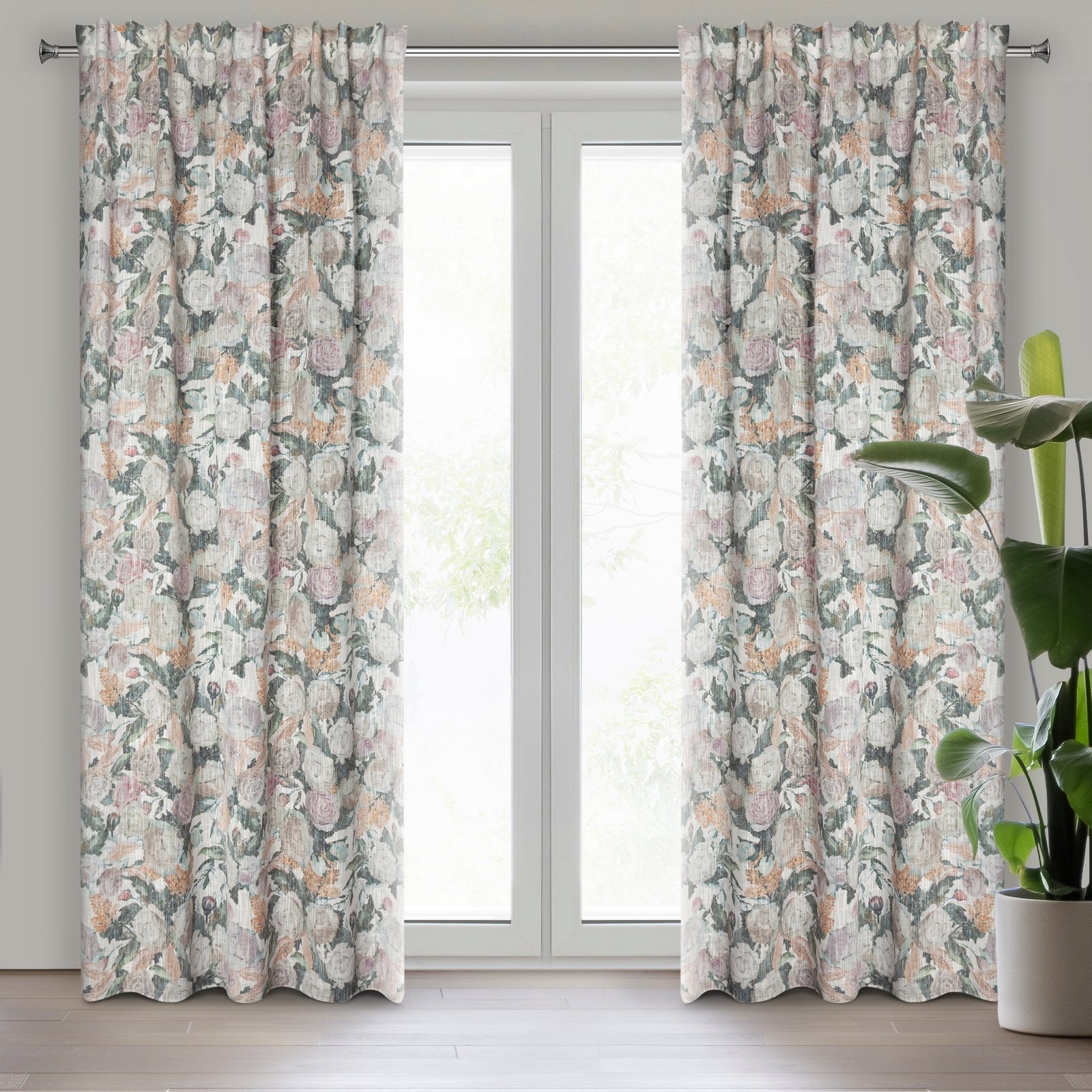IRMA-Vorhang im Öko-Stil mit malerischem Blumenmotiv,(2er Set),140 x 270 cm, Band/Hosenträger