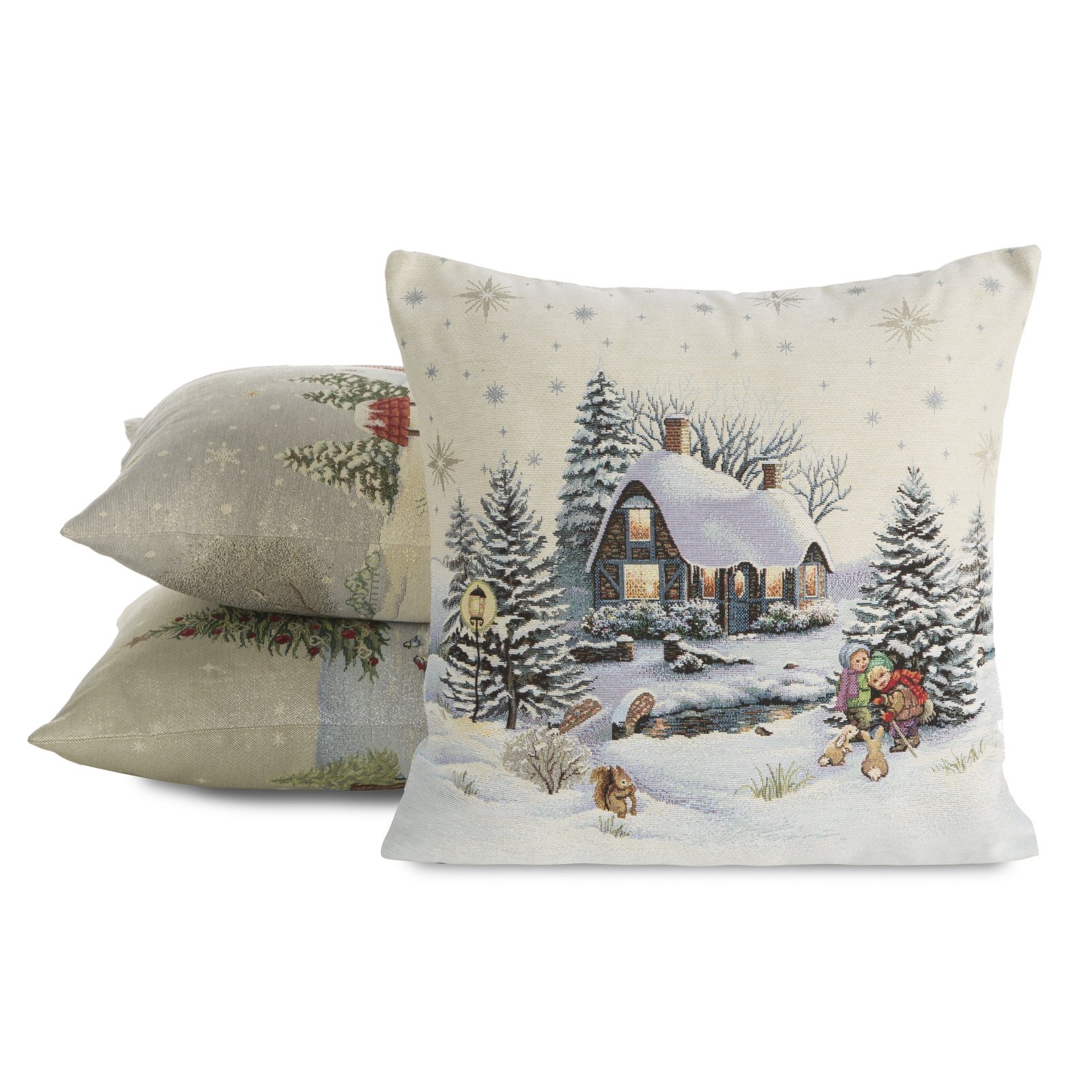 Ein Gobelin-Kissenbezug aus einer Fasermischung, verziert mit einem winterlichen Dorfmotiv - Image 3